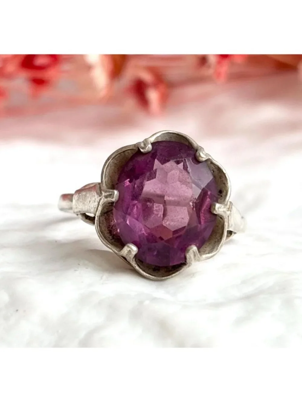 Amethyst Gemstone Scalloped Floral Sterling Silver 925 Vintage Ring - sz 7.5